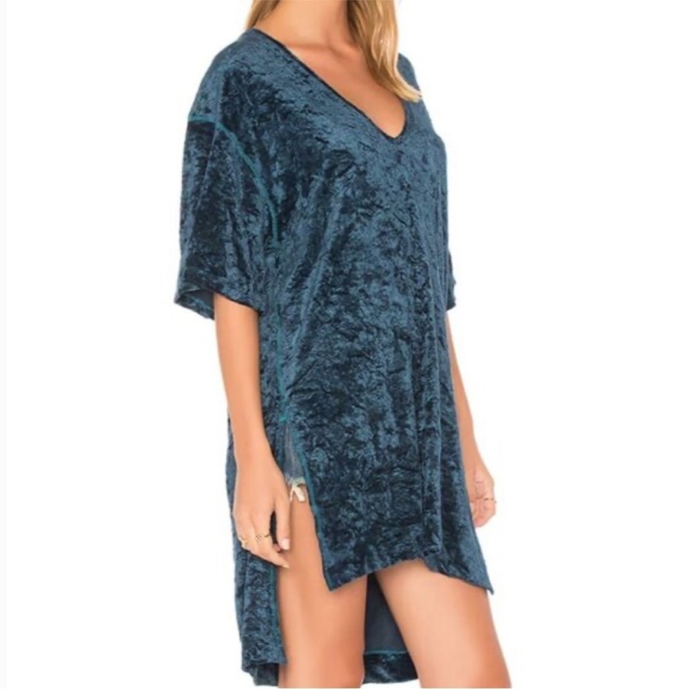 Free People We The Free Teal Crushed Velvet The Luxe Extended Tunic Tee Small